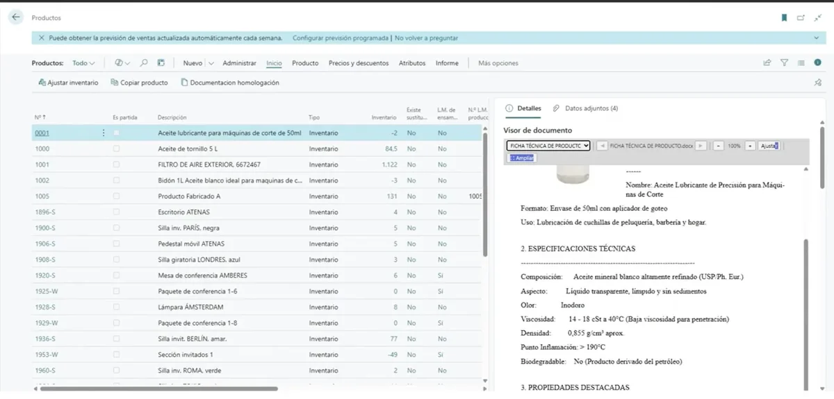 Herramientas de productividad dviewer: visor lateral de documentos en Business Central mostrando la ficha técnica de un producto en Word junto a la lista de productos, sin descargar el archivo
