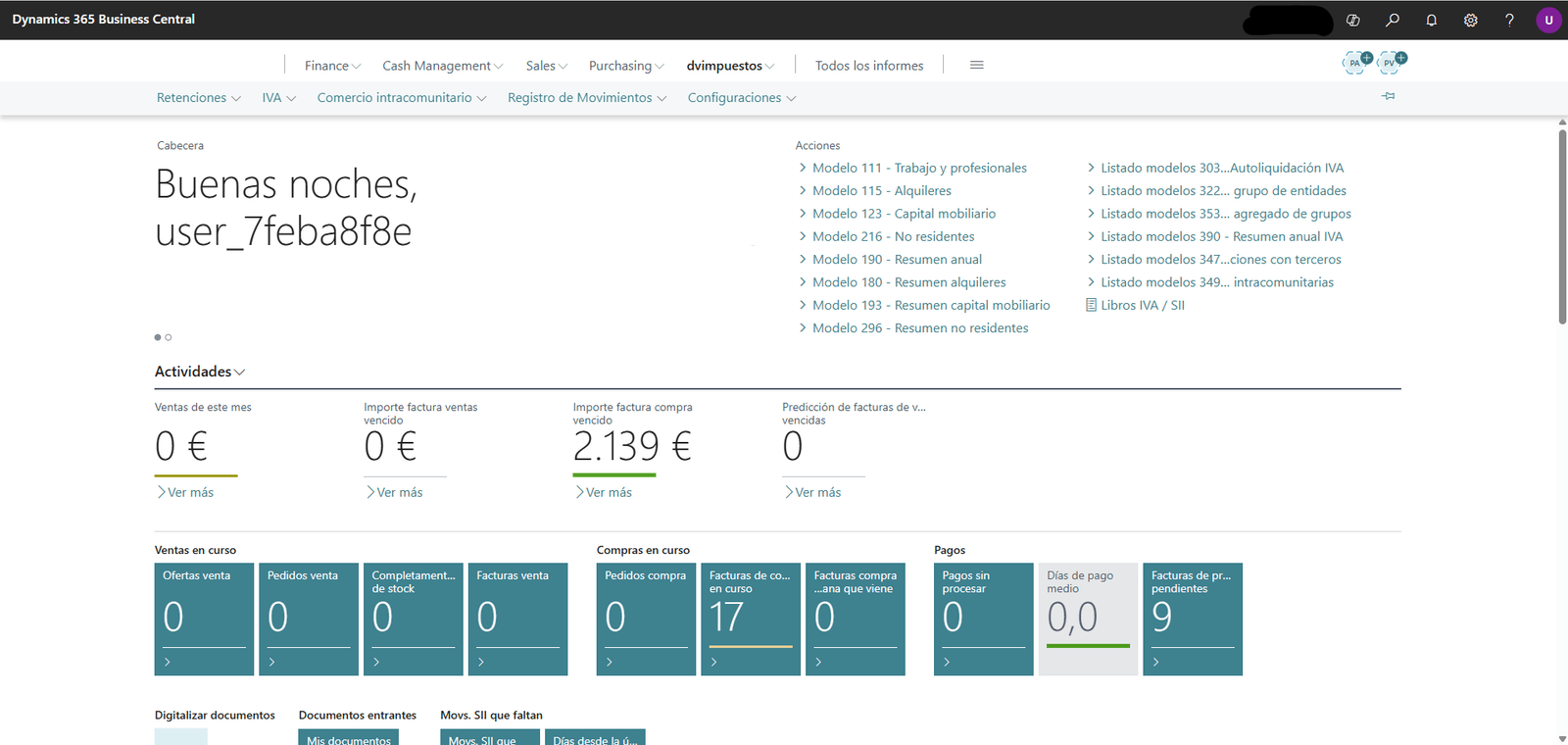 dvimpuestos integrado en Microsoft Dynamics 365 Business Central — submenú con Retenciones, IVA, Comercio intracomunitario, Registro de Movimientos y Configuraciones.