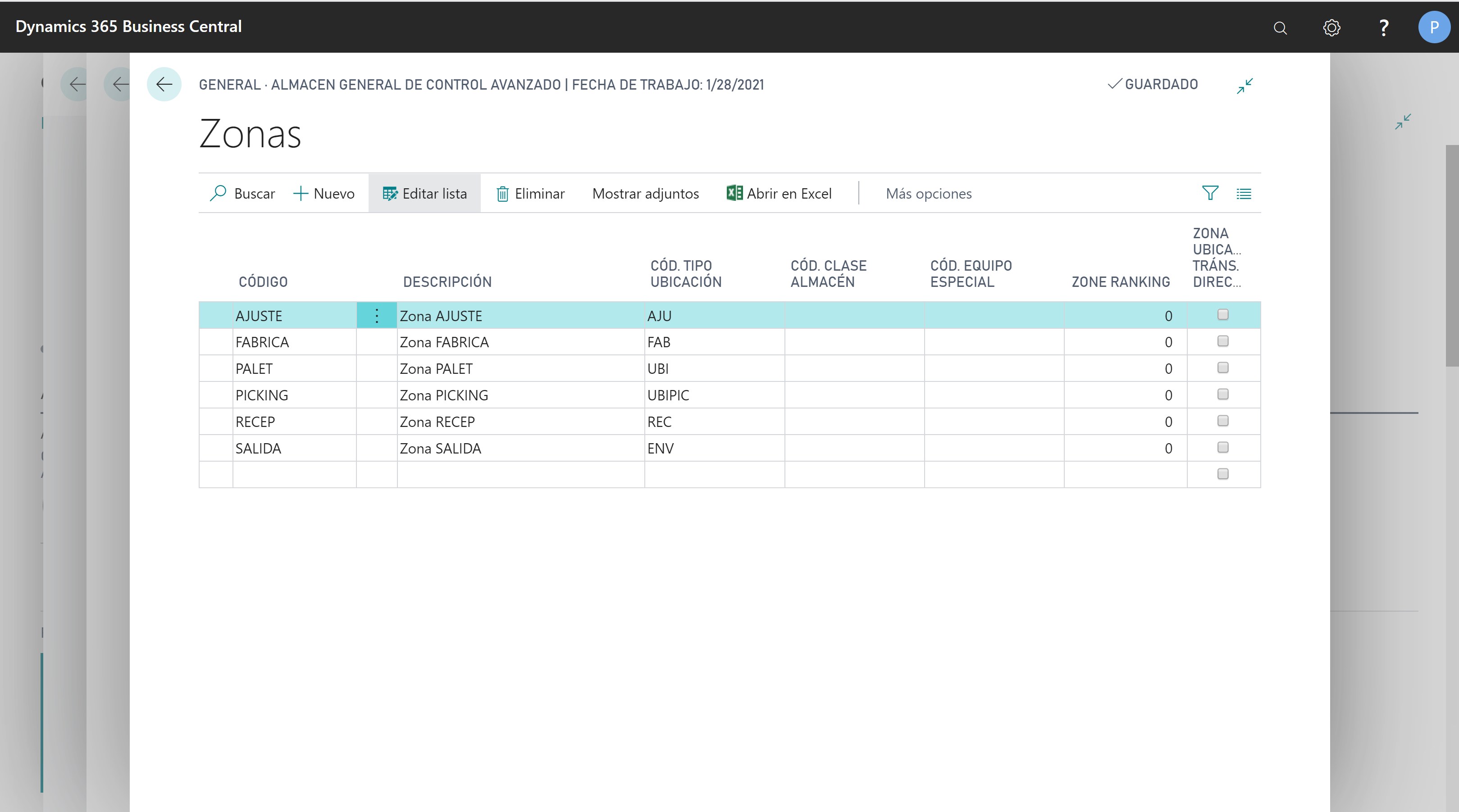 Configuración de zonas y bins del archivo físico en Business Central.