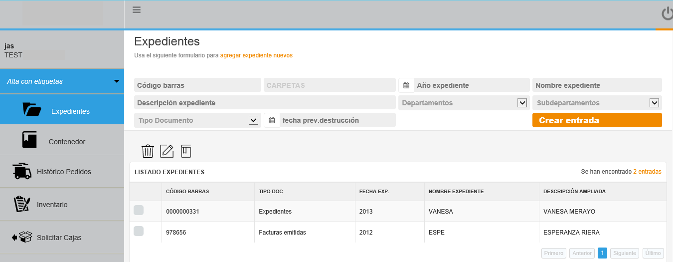 Alta de expediente de custodia desde el portal con código de barras, departamento, tipo de documento y fecha de previsión de destrucción.