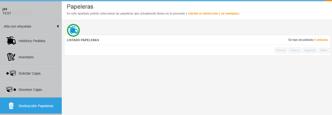 Portal web del cliente — solicitud de destrucción documental con número de pedido y autorización formal.