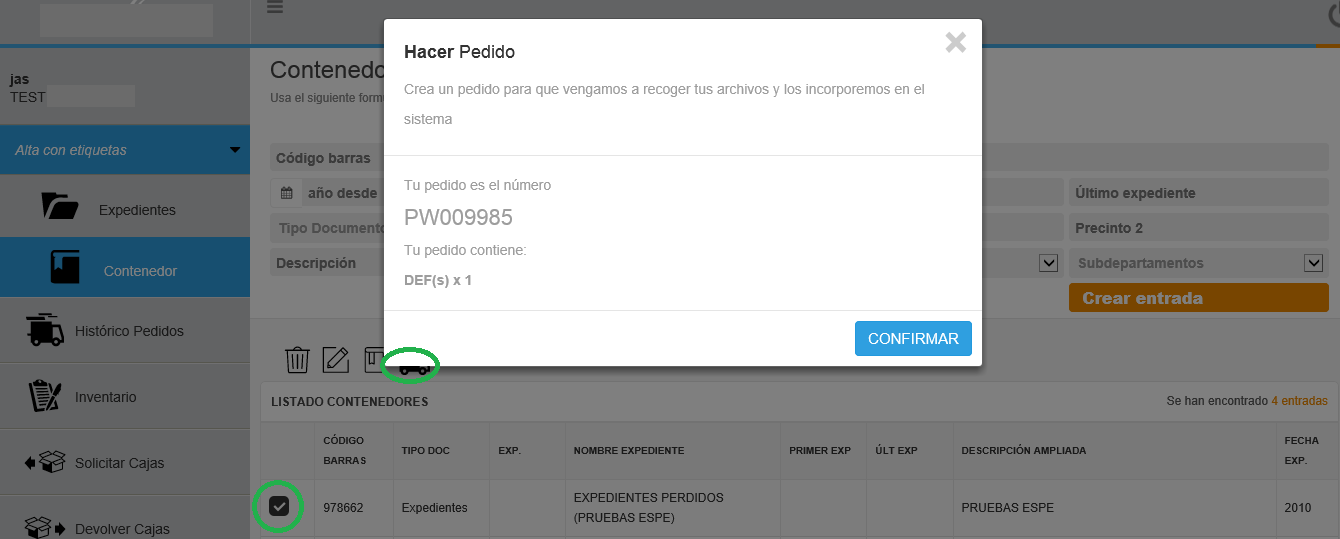 Portal web del cliente — pop-up de "Hacer Pedido" para solicitar la recogida o consulta de un expediente.