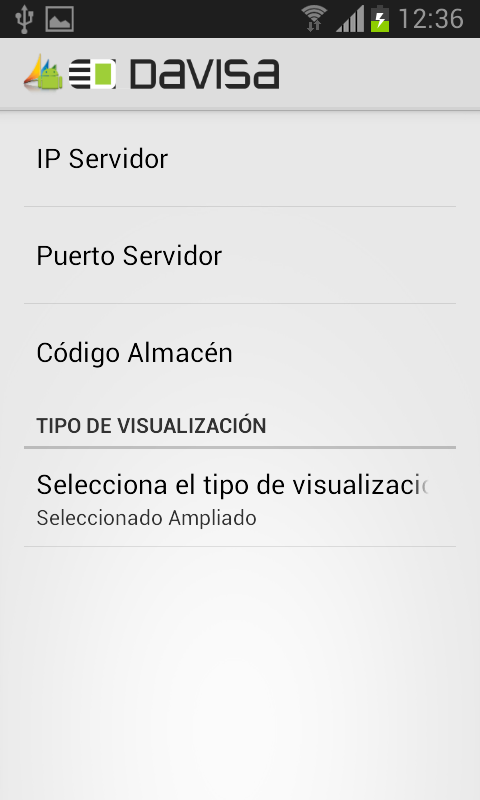 App móvil del operario de archivo (Davisa) — pantalla de configuración con servidor, código de almacén y modo de visualización.