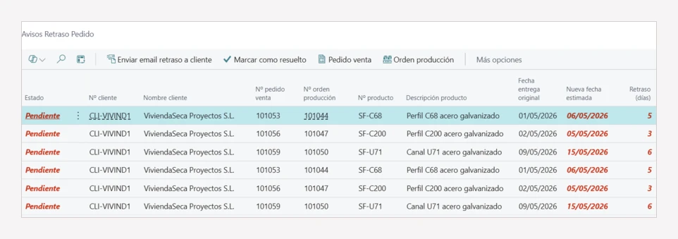 Lista de avisos de retraso de pedido en Business Central con dvproduction, con fecha de entrega original, nueva fecha estimada y días de retraso