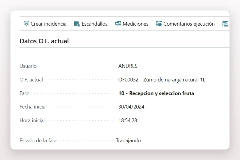 Pantalla de planta de dvproduction en Business Central con la orden en curso, la fase, el operario y los accesos a incidencias, mediciones y trazabilidad