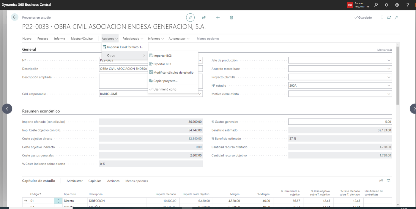 Proyecto en estudio en Business Central con el menú Acciones › Otros desplegado mostrando Importar BC3, Exportar BC3 y Modificar cálculos de estudio sobre la ficha de la obra