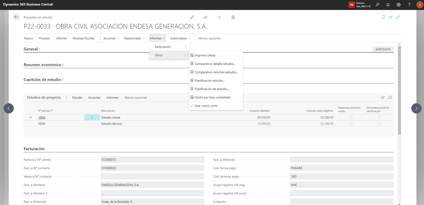 Menú Informes › Otros desplegado en un proyecto con opciones Comparativo detalle estudio, Comparativo resumen estudio, Planificación estudio y Visión por tipo contratista
