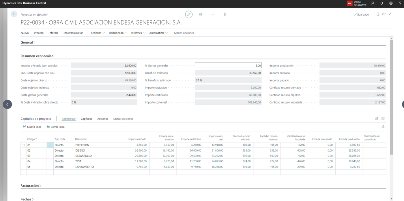 Proyecto en ejecución en Business Central con resumen económico mostrando importe certificado, importe producción, importe facturado y coste real, y capítulos con sus importes ofertado, certificado y coste real