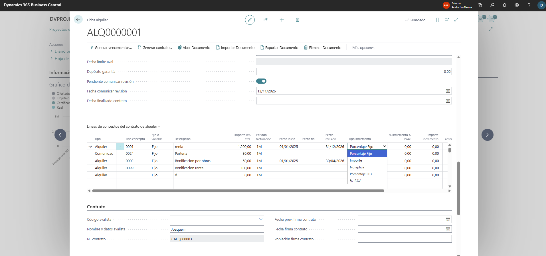 Ficha de contrato de alquiler en Business Central con líneas de conceptos, movimientos IPC aplicados y cálculo automático de revisión de renta
