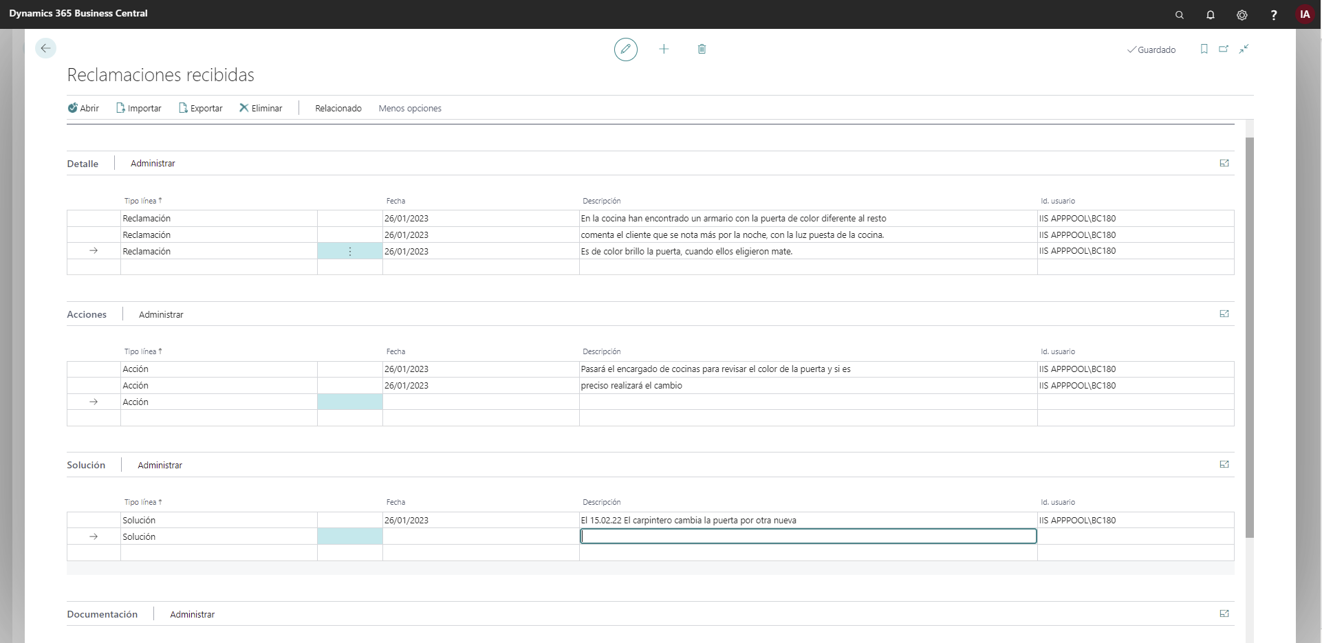 Pantalla de Reclamaciones recibidas en Business Central con detalle de la incidencia, acciones tomadas, solución y trazabilidad de fechas y usuarios
