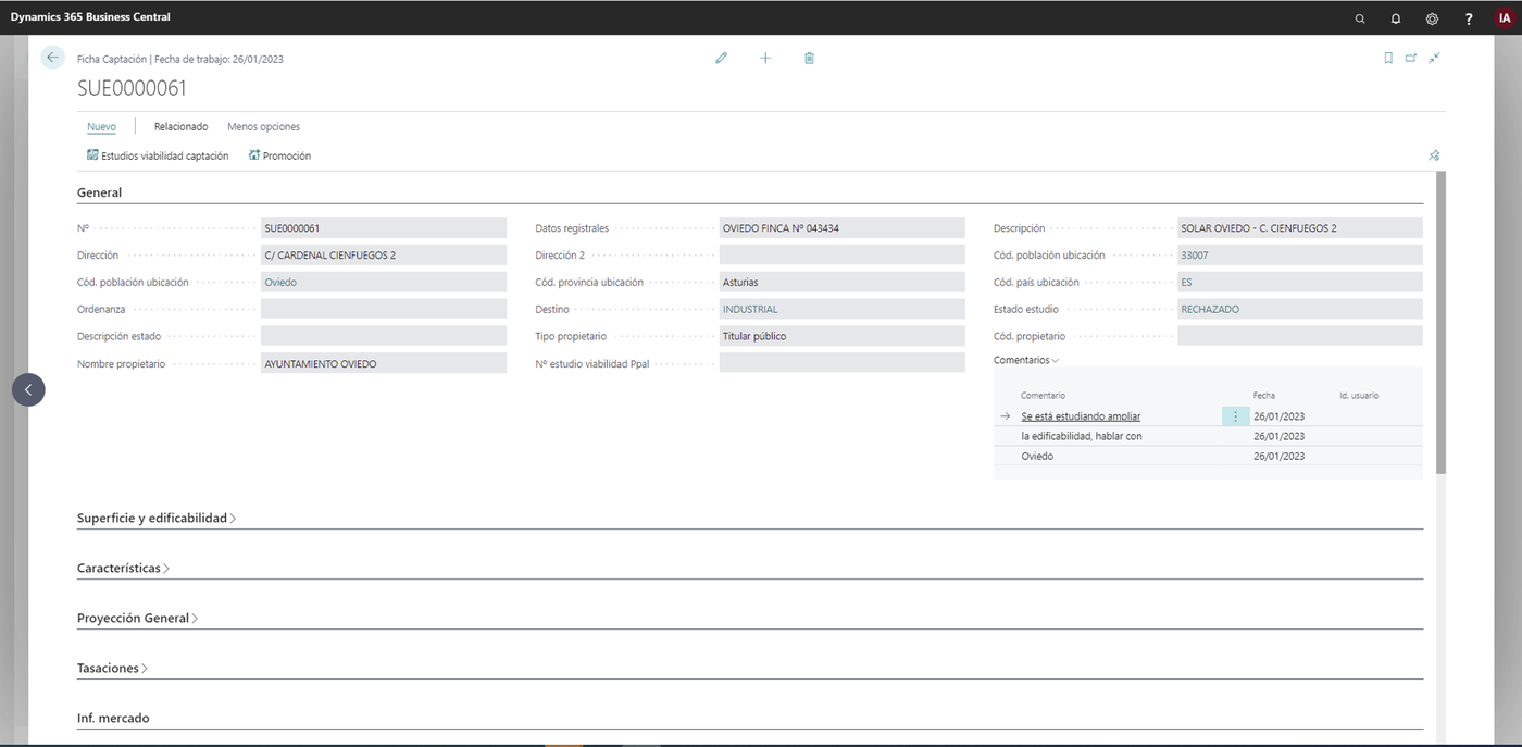 Ficha de captación de suelo en el ERP para promotoras-constructoras dvproject sobre Microsoft Dynamics 365 Business Central: datos registrales, calificación urbanística, edificabilidad, tipo de propietario y estado del estudio de viabilidad.
