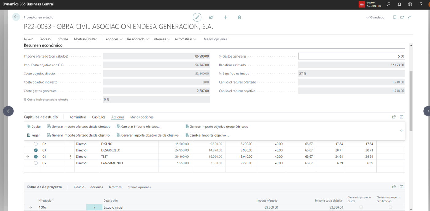 Resumen económico del estudio de viabilidad en Business Central con importe ofertado, coste objetivo, beneficio estimado y capítulos con sus precios y márgenes