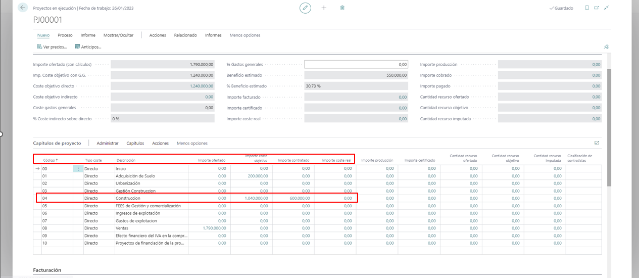 Control de costes por capítulos de proyecto en dvproject: importe ofertado, coste objetivo, importe contratado e importe de coste real por capítulo —adquisición de suelo, gestión de construcción, construcción, fees de gestión y comercialización, ventas y financiación—, con el beneficio estimado de la promoción.