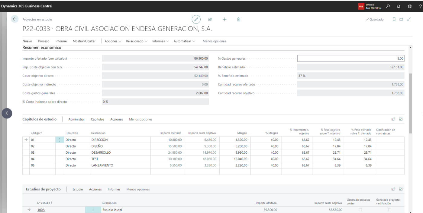 Capítulos de estudio en Business Central con códigos, descripción, importe ofertado, importe coste objetivo, margen y porcentaje por capítulo