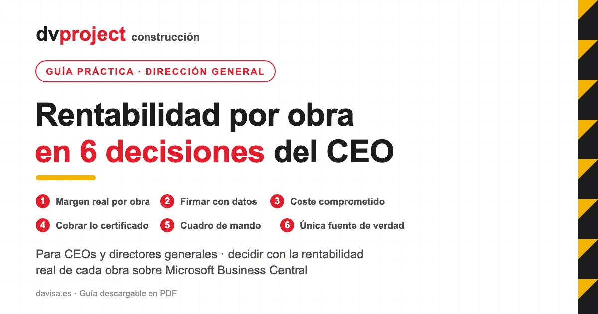 Rentabilidad por obra en 6 decisiones del CEO: guía para CEOs y directores generales de constructoras con dvproject sobre Microsoft Business Central.