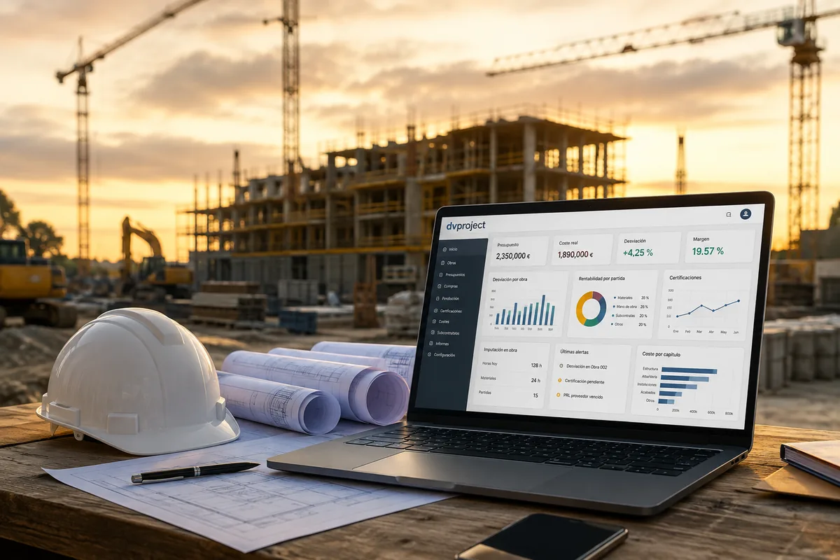 Transformación digital en la construcción: panel de control de costes, desviaciones y rentabilidad por obra de dvproject sobre Microsoft Dynamics 365 Business Central, en un portátil a pie de obra.