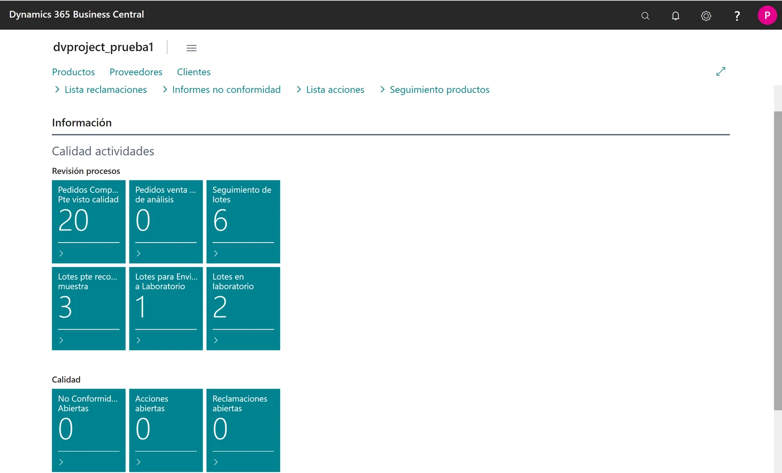 Role Center de calidad de dvquality en Microsoft Dynamics 365 Business Central, con las actividades de calidad, el seguimiento de lotes y las no conformidades abiertas